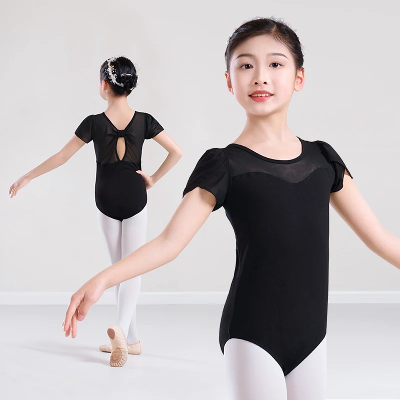 Ballet Leotards for Girls Child Mesh Splice Bow Dance Leotards Short Sleeve Dance Gymnastic Bodysuits Cotton Ballet Costumes