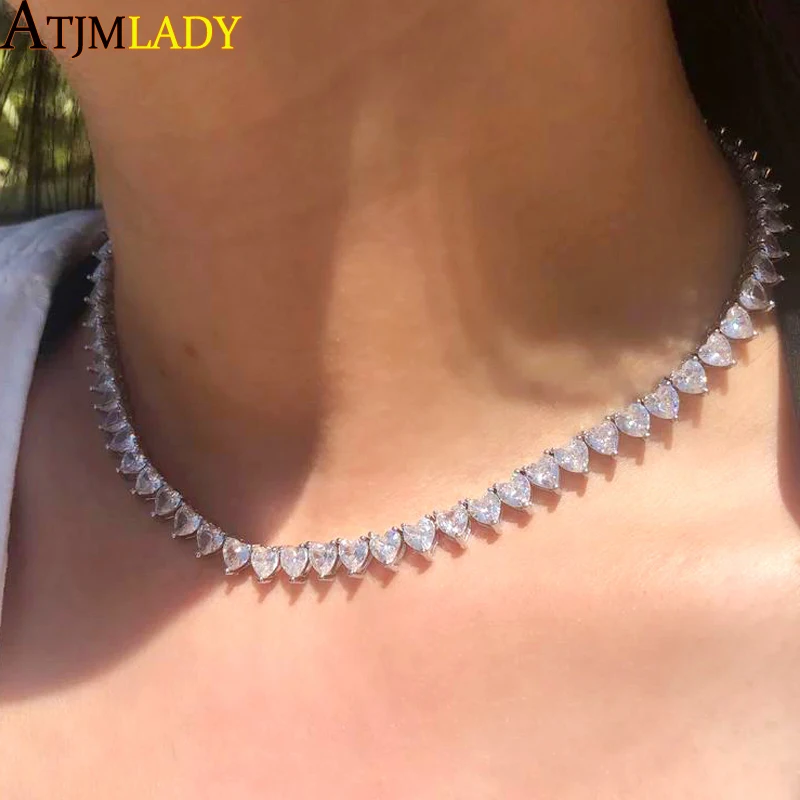Wholesale 5A Heart Shaped Iced Out Bling Pink White CZ Tennis Chain Necklace for Women Girlfriend Valentine\'s Fashion Jewelry