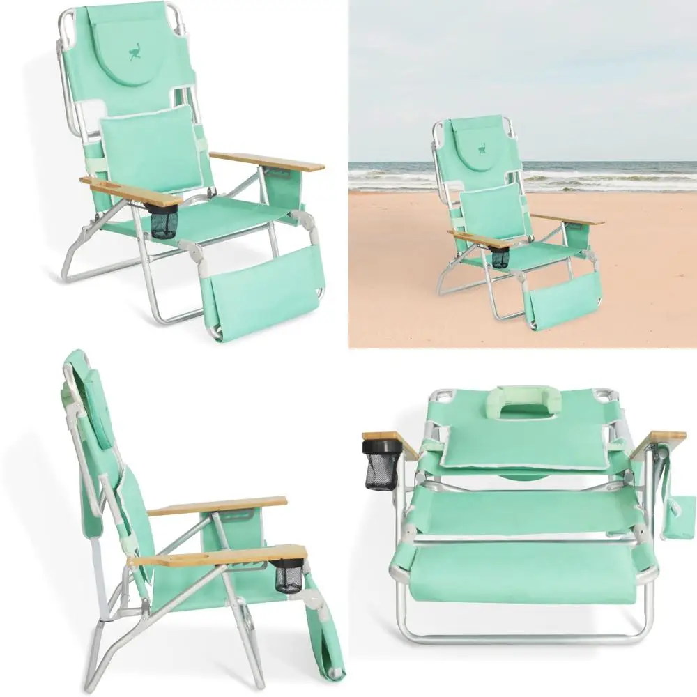 Silla de playa acolchada 3 en 1 de lujo de avestruz con cojín facial y reposabrazos - sillón reclinable plegable liviano con respaldo ajustable