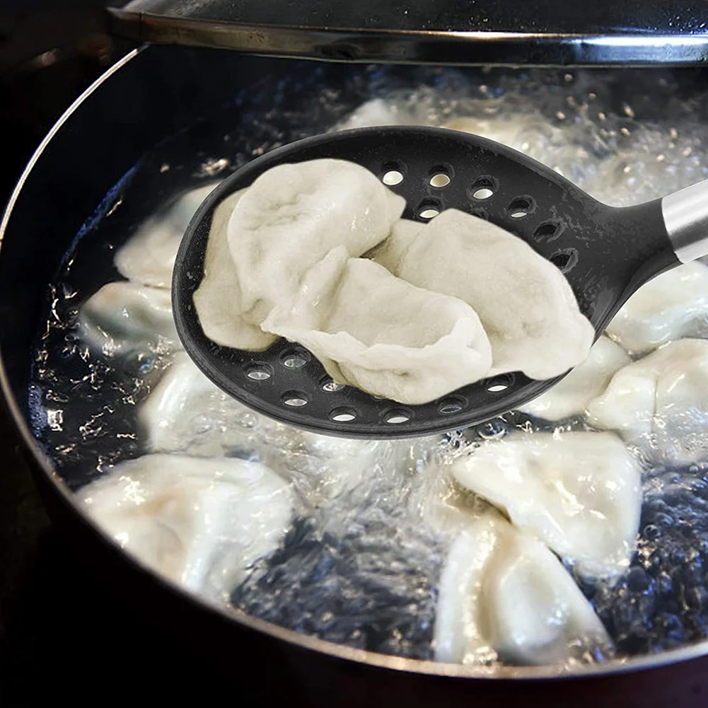 A11E-ملعقة مشقوقة من السيليكون، BPA-Rree ومقاومة للحرارة حتى 480 ° F، مقبض من الفولاذ المقاوم للصدأ، مقشدة مطبخ غير لاصقة