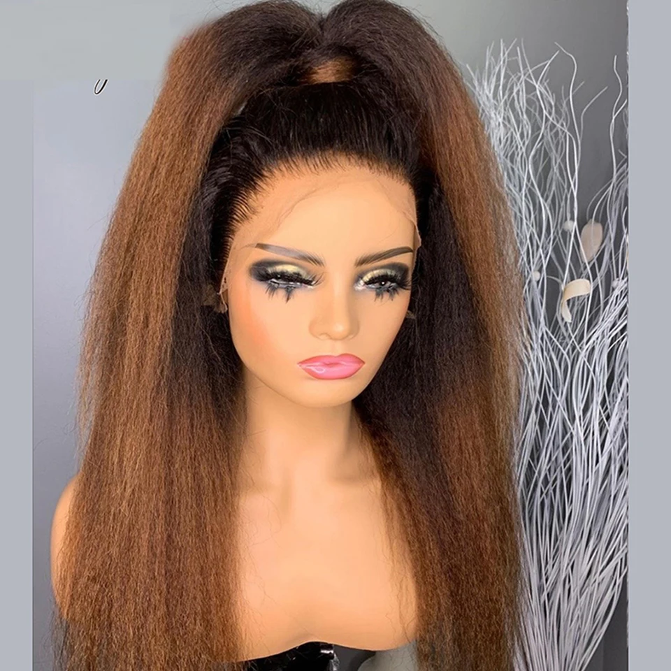 Natural Hairline Ombre Brown Yaki  26inch 180density Soft Kinky Straight Lace Front Wig For Women Baby Hair Synthetic Glueless