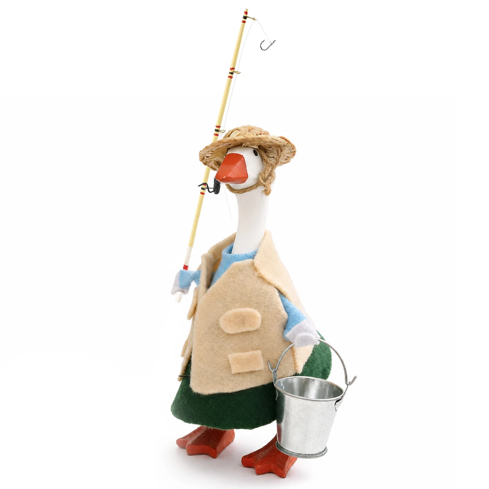 7 Inch Mini Fishing Desk Goose Statue Outfits Realistic Fishing Goose Figurine Costume Set with Straw Hat Fishing Rod and Bucket