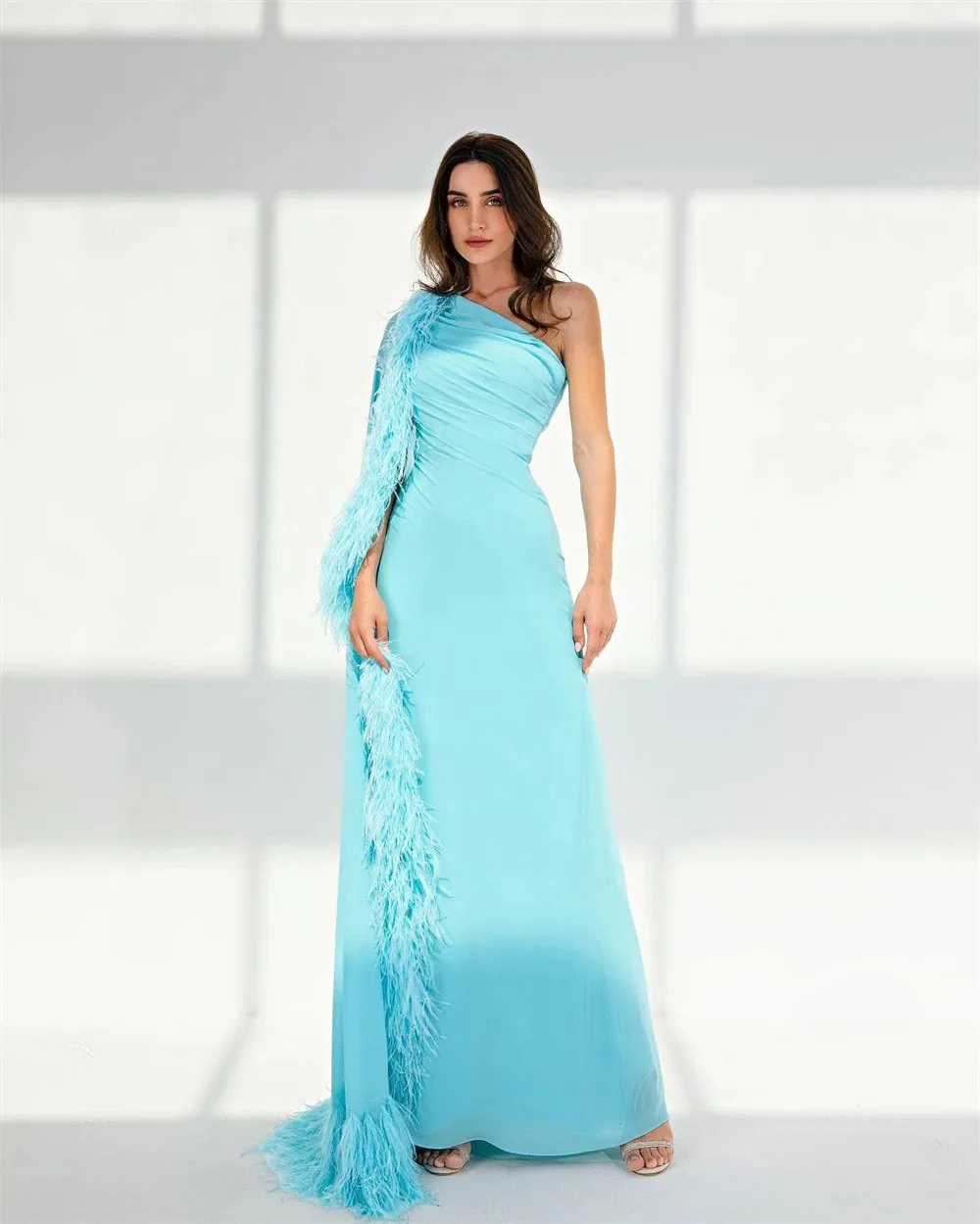 Elegant Long Formal Dress For Women Blue One Shoulder Cap Sleeve Floor Length Feathers Prom Gown Evening Gowns