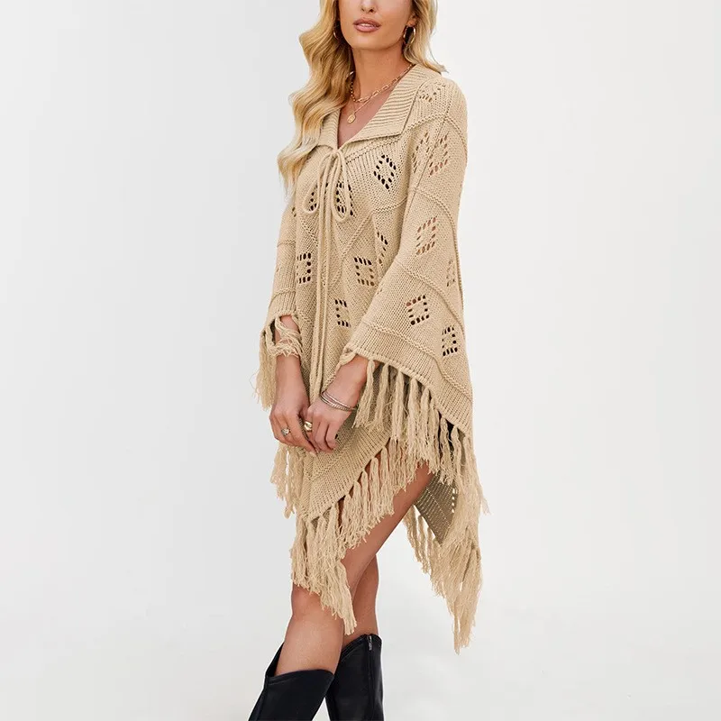 

2025 New Winter Women's Knitted Shawl Sweater Tassel Trim Sexy Cut-Out Details & Long Design Stylish Outerwear for Outfits