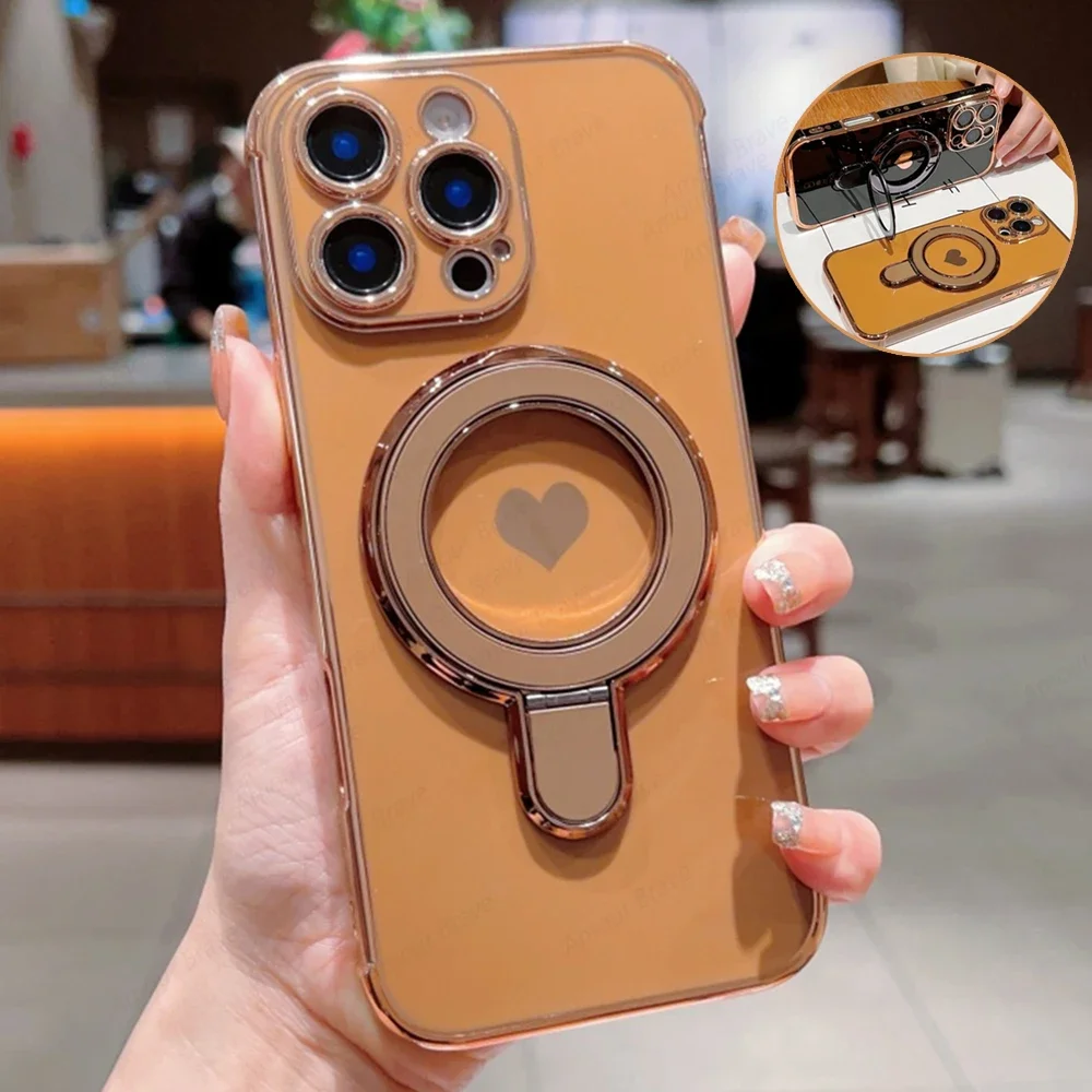 

Магнитные чехлы для телефонов Magsafe для iPhone 17 Air 16 15 14 Plus 13 12 Mini 11 Pro Max с покрытием Love Heart Ring Stand Cover Funda