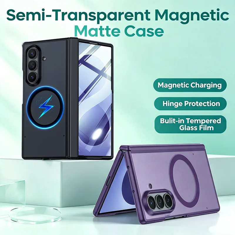 Semi‑Clear PC Matte Magnetic Case For Samsung Galaxy Z Fold8 Ultra Fold8 Fold7 Wireless Charging Screen Protector Hinge Guard