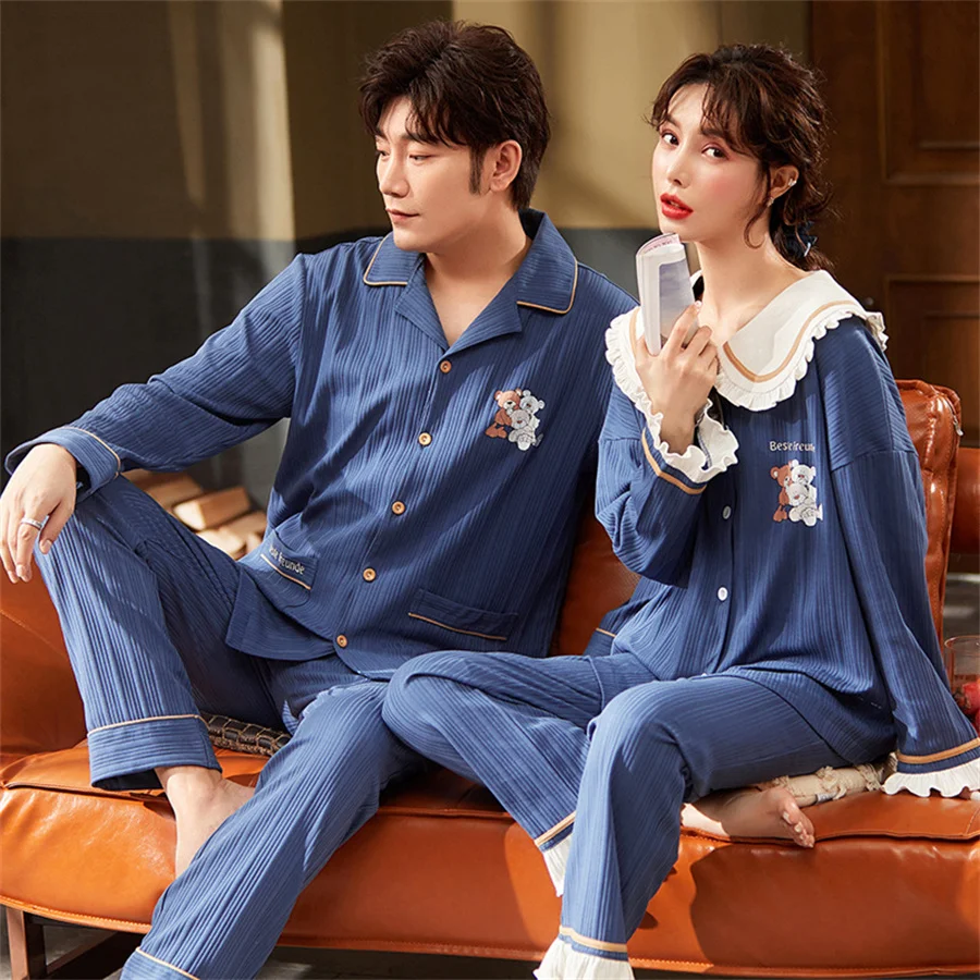 2024 Autumn Winter Couple Pajamas Set Men Long Sleeve Tops and Pants Home Clothes Women Casual Sleepwear 2 Piece Loungewear