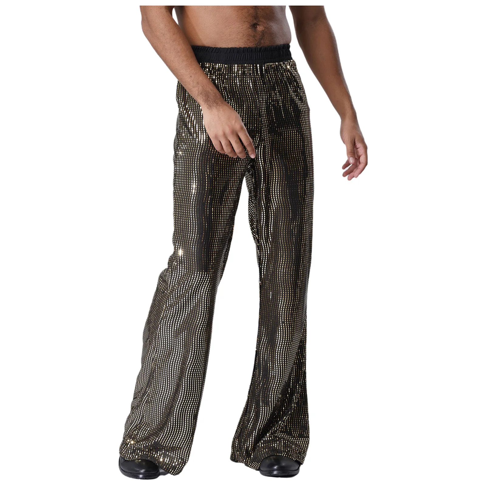 Mens Glittery Sequin Flared Pants Jazz Dance Costume Elastic Waist Bell Bottom Long Pants Trousers Clubwear For Music Festival