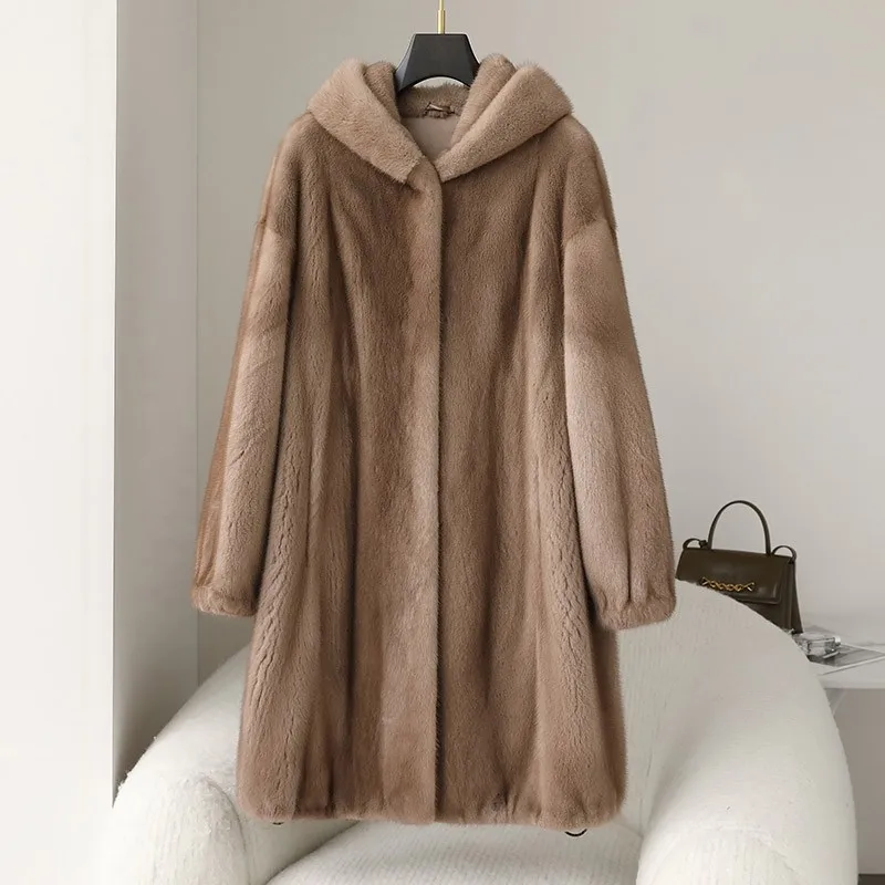 Natural Mink Fur Winter Jacket for Women, Long Warm Coat With Hood, Real Female Mink Fur Clothing, Thick, Slim, Fashion