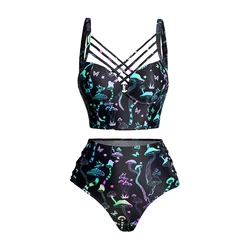 Galaxy Mushroom Skull Print Bikini Set Crisscross Beach Bikini Adjustable Spaghetti Strap Triangle Bottom Two Piece Bathing Suit