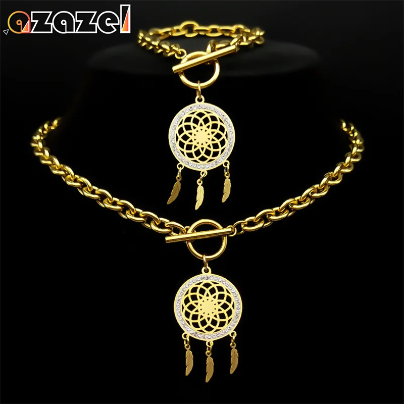 

Bohemian Dreamcatcher Leaves Feather Pendant Necklace Jewelry Set For Women Men Stainless Steel Gold Color Bracelet Necklace Set