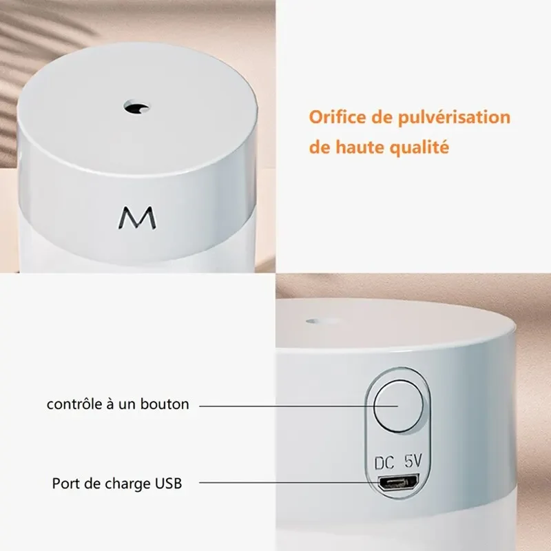 Humidificateur d'air à ultrasons avec lampe LED, mini diffuseur d'aromathérapie, pulvérisateur portable, atomiseur d'huiles essentielles USB, maison et voiture, 260ml