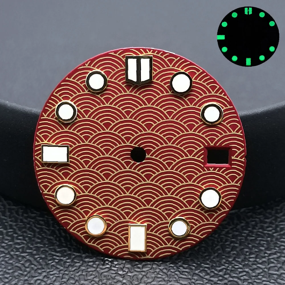 28.5MM single calendar watch with fish scale pattern dial and green glowing dial suitable for NH35/36 movement watch accessories