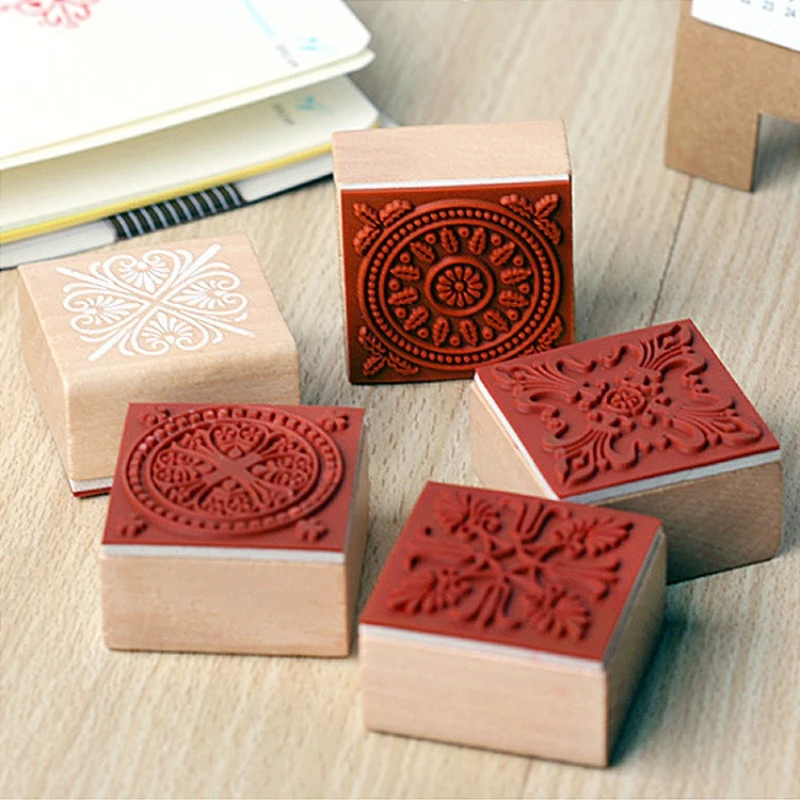 Büro- und Schulbedarf, klassisches quadratisches Spitzensiegel aus Holz im Vintage-Stil, 6 Stück, Kawai-Briefpapier, hübscher, sortierter Stempel