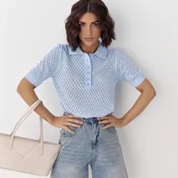 White POLO Collar Short Sleeved Women's 2025 Summer New Loose and Slim Fit Ice Silk T-shirt Hollowed Out Knitted Top - Image 3
