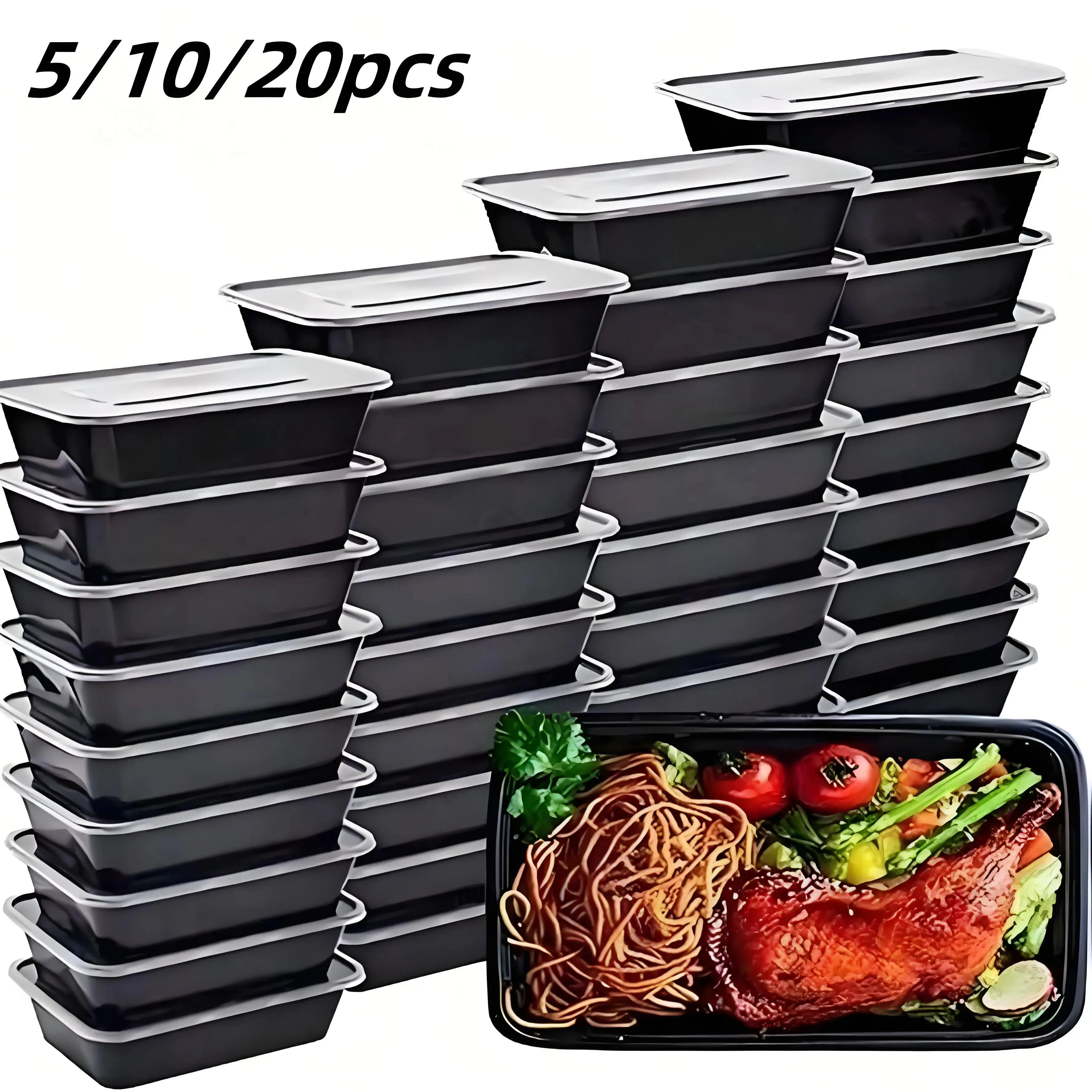5/10/20-pack zwarte rechthoekige maaltijdbereidingscontainers met deksels, wegwerp plastic om te gaan containers, lekvrij, magnetronbestendig