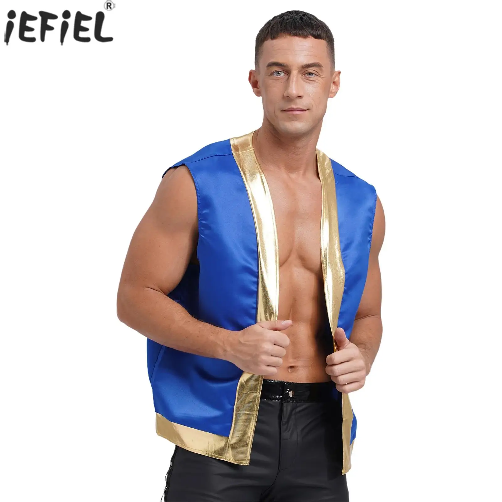 Mens Toad Vest Warrior Waistcoat Costumes Open Front Metallic Shiny Trim Contrast Waistcoat Cartoon Captain Halloween Cosplay