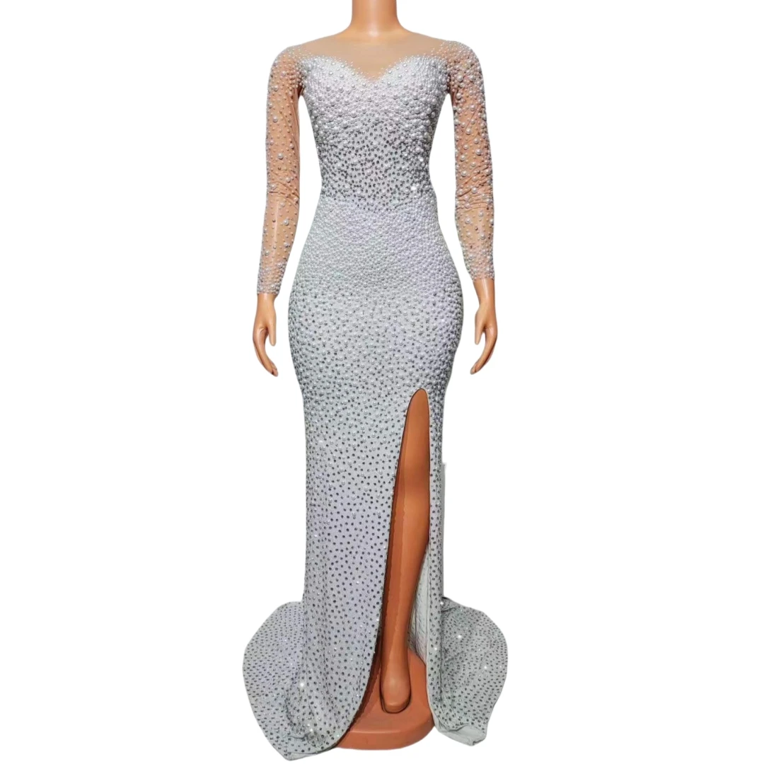 Luxury Pearl Stretch Sparkly Rhinestone Split Cheongsam Style Long Dress For Women Wedding Birthday Queen Costume Drag Outfits