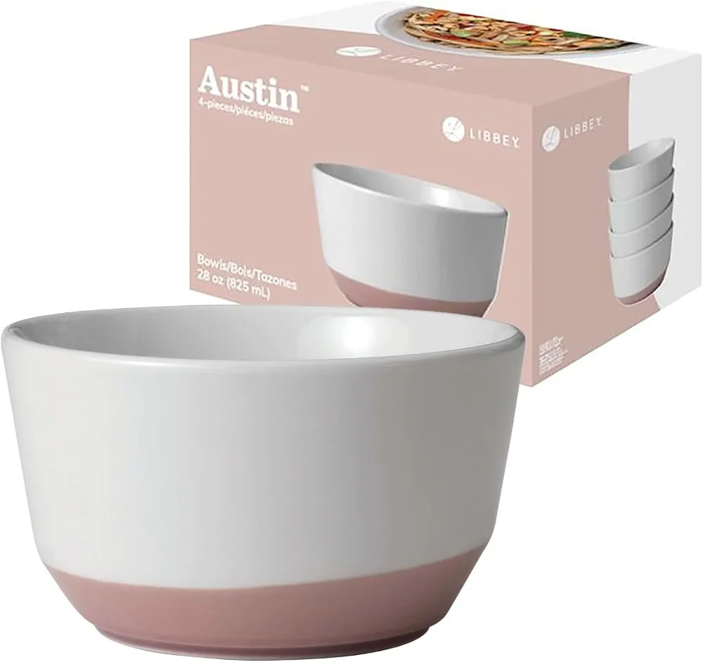 

4-Piece Pink & White Porcelain Bowl Set, Stackable Microwave Safe Dishwasher Friendly for Soup Salad Dessert
