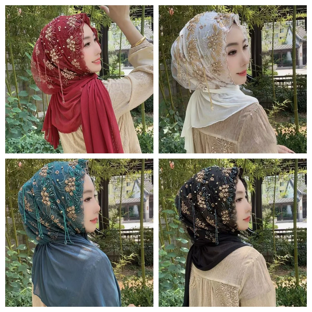 Muslim Malay Handmade Headscarf Turban Hat for Women, High-End Covering, New Pullover Style with Tassel Shawl and Long Scarf
