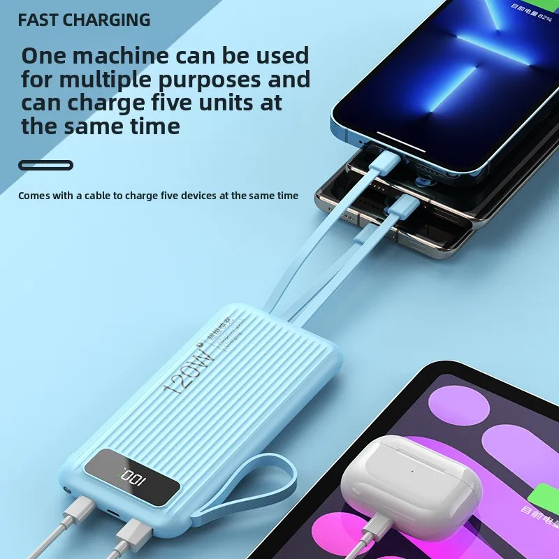 Powerbank 10000mAh 120W z wbudowanymi kablami, super szybkie ładowanie, do iPhone'a, Xiaomi, Huawei, Samsunga, lekki i cienki.