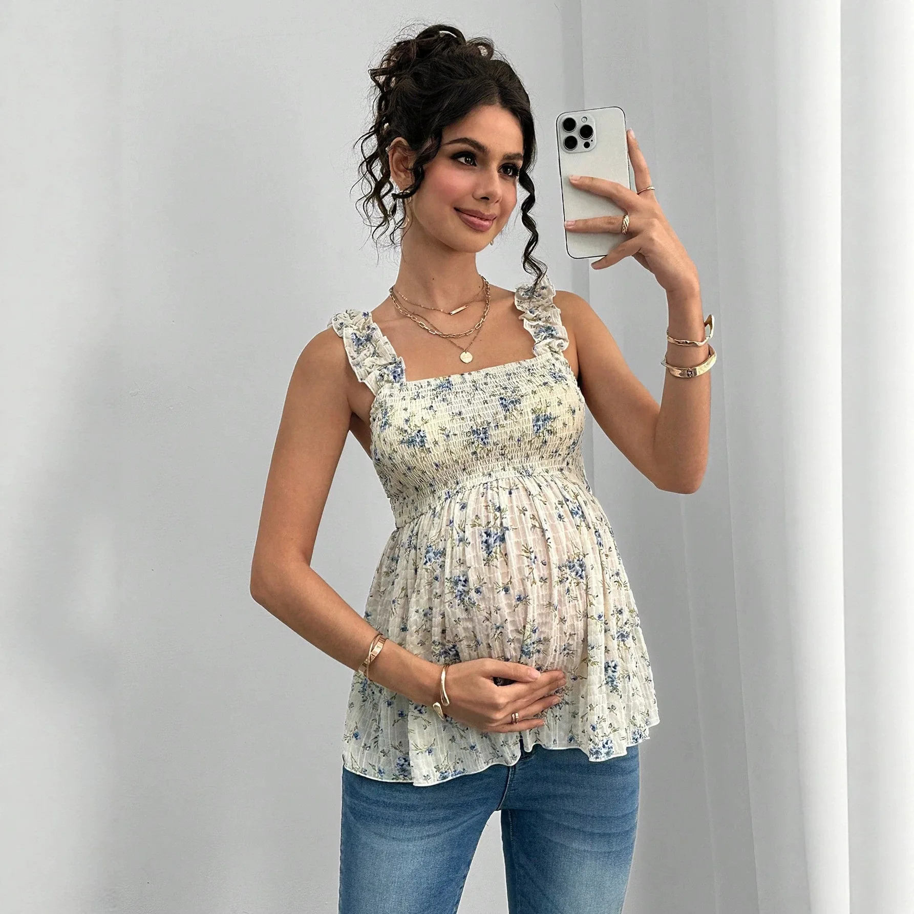 Pregnant Woman Top 2026 New Printed Maternity Cami Top, Square Neck A-line Sleeveless Vest For Pregnant Women