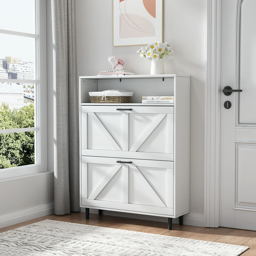 Farmhouse Shoe Storage Cabinet with Barn Door Design, Shoe Organizer with 2 Flip Drawers, Freestanding Narrow Shoe Rack Cabinet