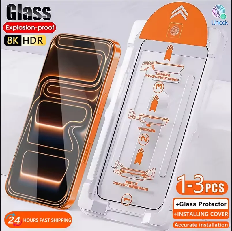 

With Auto Installa Tool Tempered Glass For iphone 16 17 Pro Max Screen Protector iphone 14 15 Plus 11 12 13 Pro Protective Film