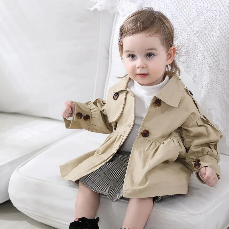 

2024 Spring Autumn Girls Windbreaker Solid Double Breasted Belt Lapel Simple Fashion Versatile Casual Coat Baby Girl Jacket 0-3Y