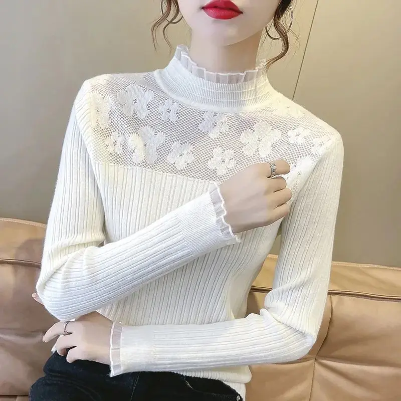 Women Spring New Trendy Elegant Half High Collar Pullover Base Layers Hollow Out Lace Spliced Sweater Versatile Long Sleeve Tops