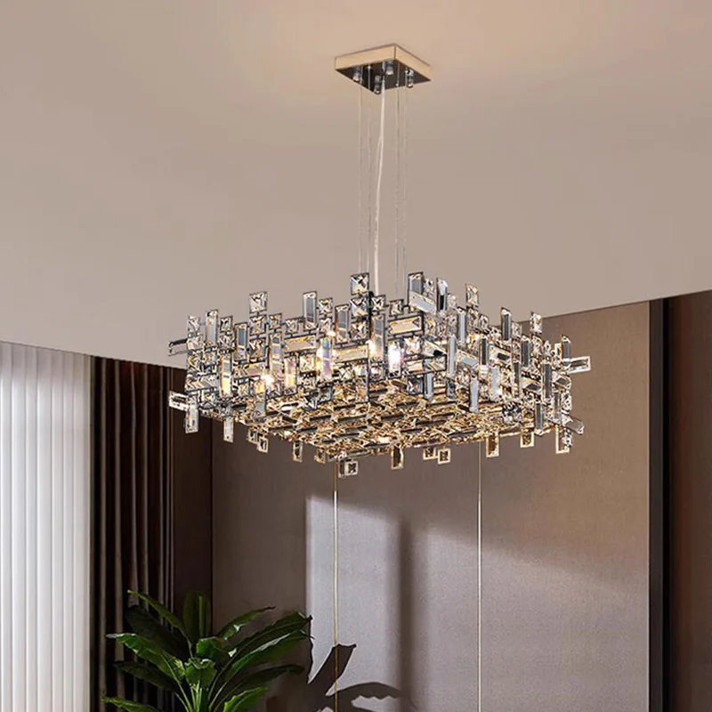 Modern Silver Crystal Square Chandelier, Luxury Ceiling Home Decor for Living Room, Dining Room, Adjustable Chandelier Rope