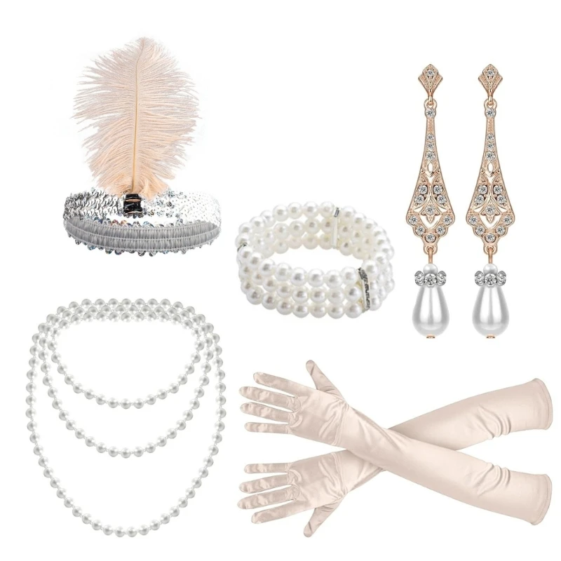 Women 1920s Flapper Feathered Headband with Necklace Earring Bracelets Gloves
