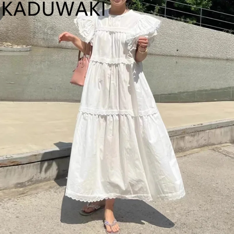 Layered Ruffled Fly Sleeve Dress Women Casual Loose Swing Vestidos De Mujer White Doll Dresses Female Y2k Sense Design Loose