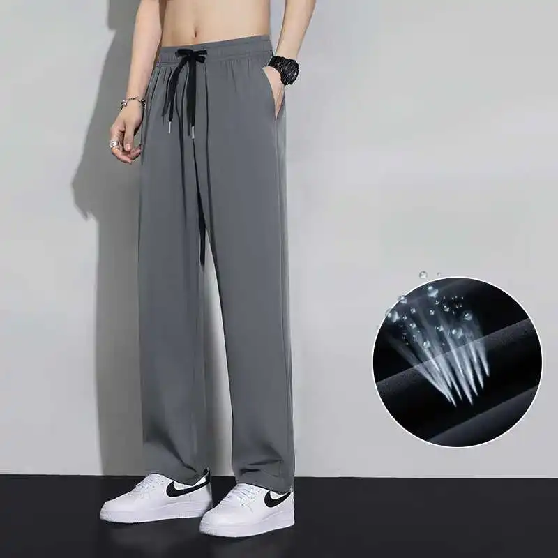 

Summer Thin Ice Silk Loose Men's Casual Pants Wear Resistant Long Trousers Straight Leg mid Waist Youth Active Sle Non-Magn...