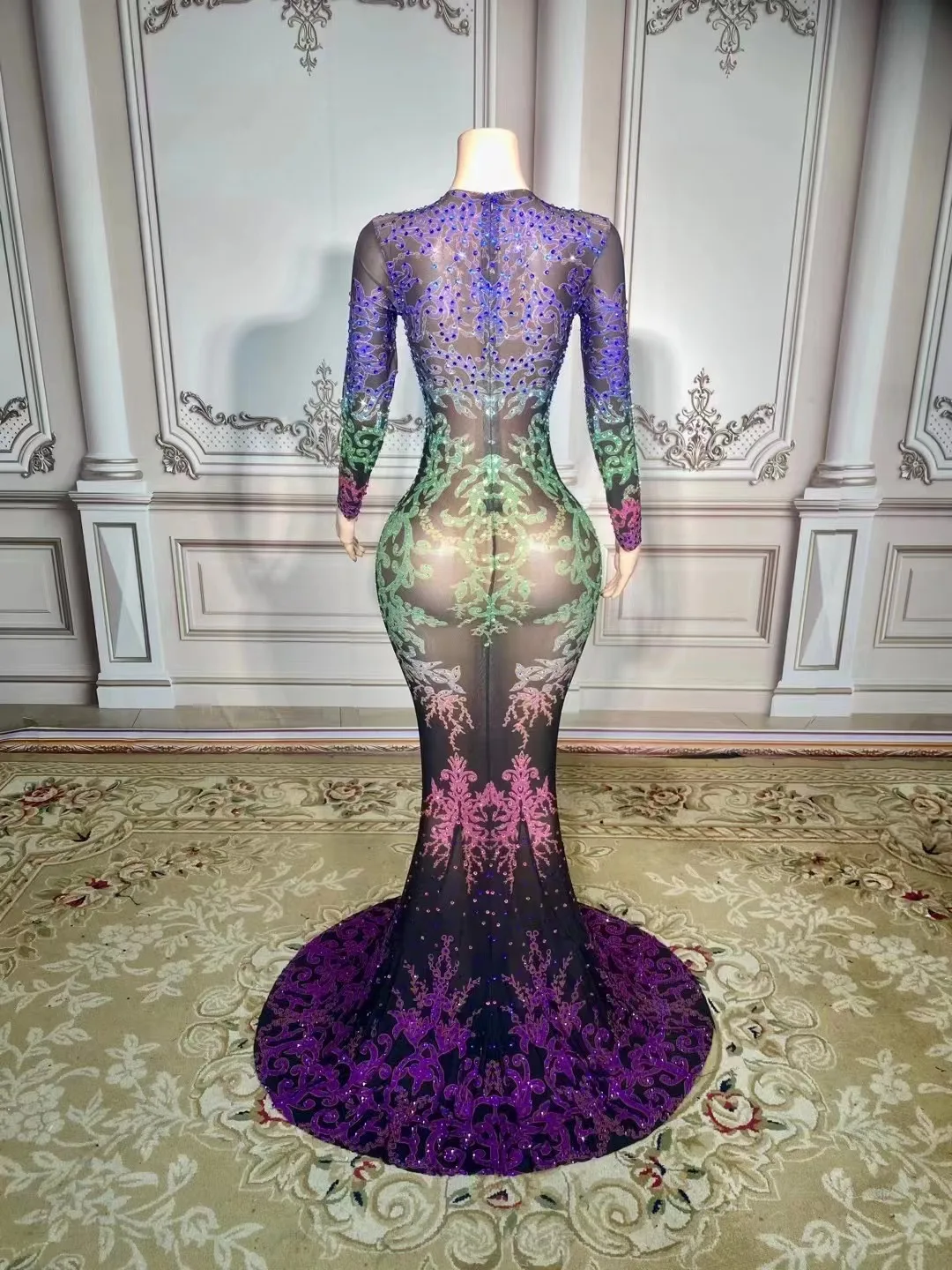 Sparkly Diamond Ladies Gradent Color Floor-Length Dress Sexy See Through Bodycon Evening Party Dress Singer Show Stage Costume