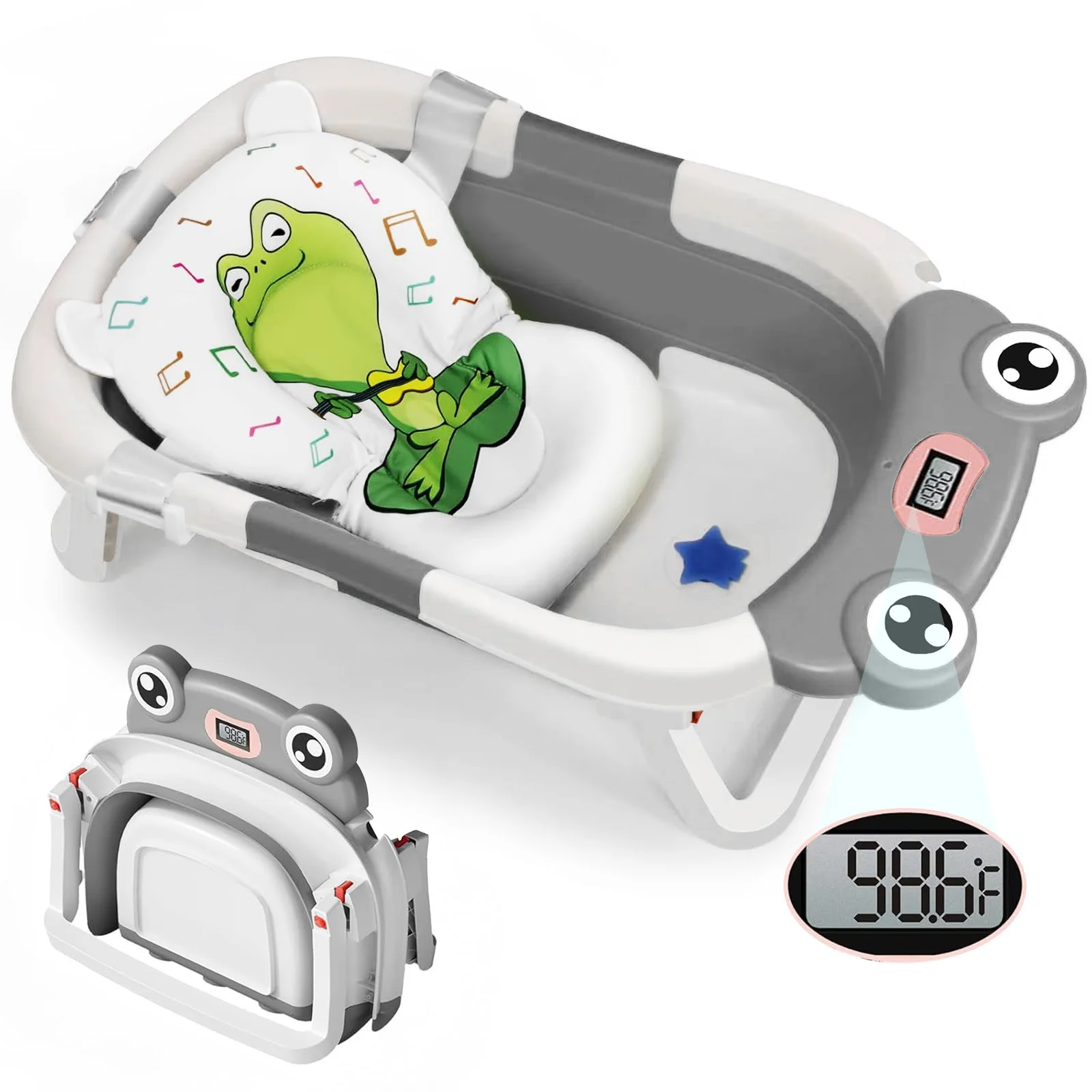 

Foldable Baby Bath Tub with Cushion & Thermometer. Non-Slip, Portable for Travel, Durable & Safe for Newborn to Toddler (0-36M)