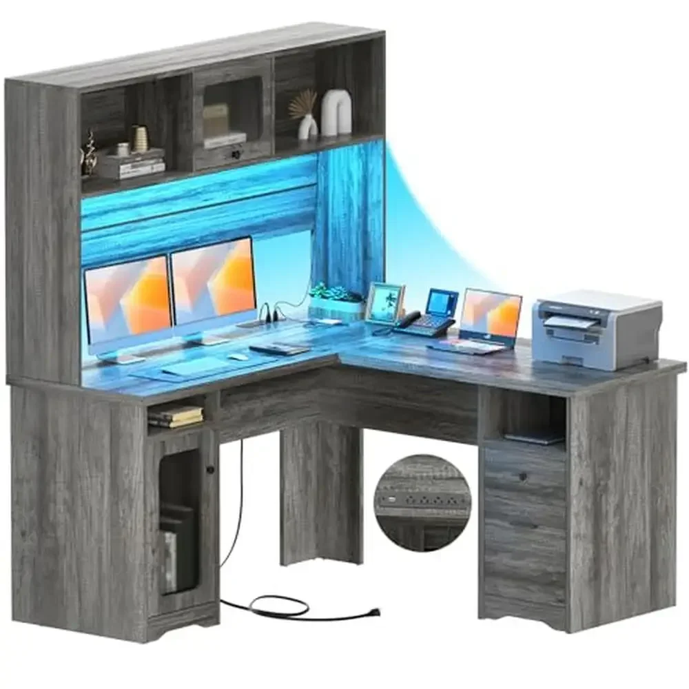 

Electric L-Shaped Office Desk with Power Outlets and Drawers Modern Corner Computer Table 60" Workstation and Gaming