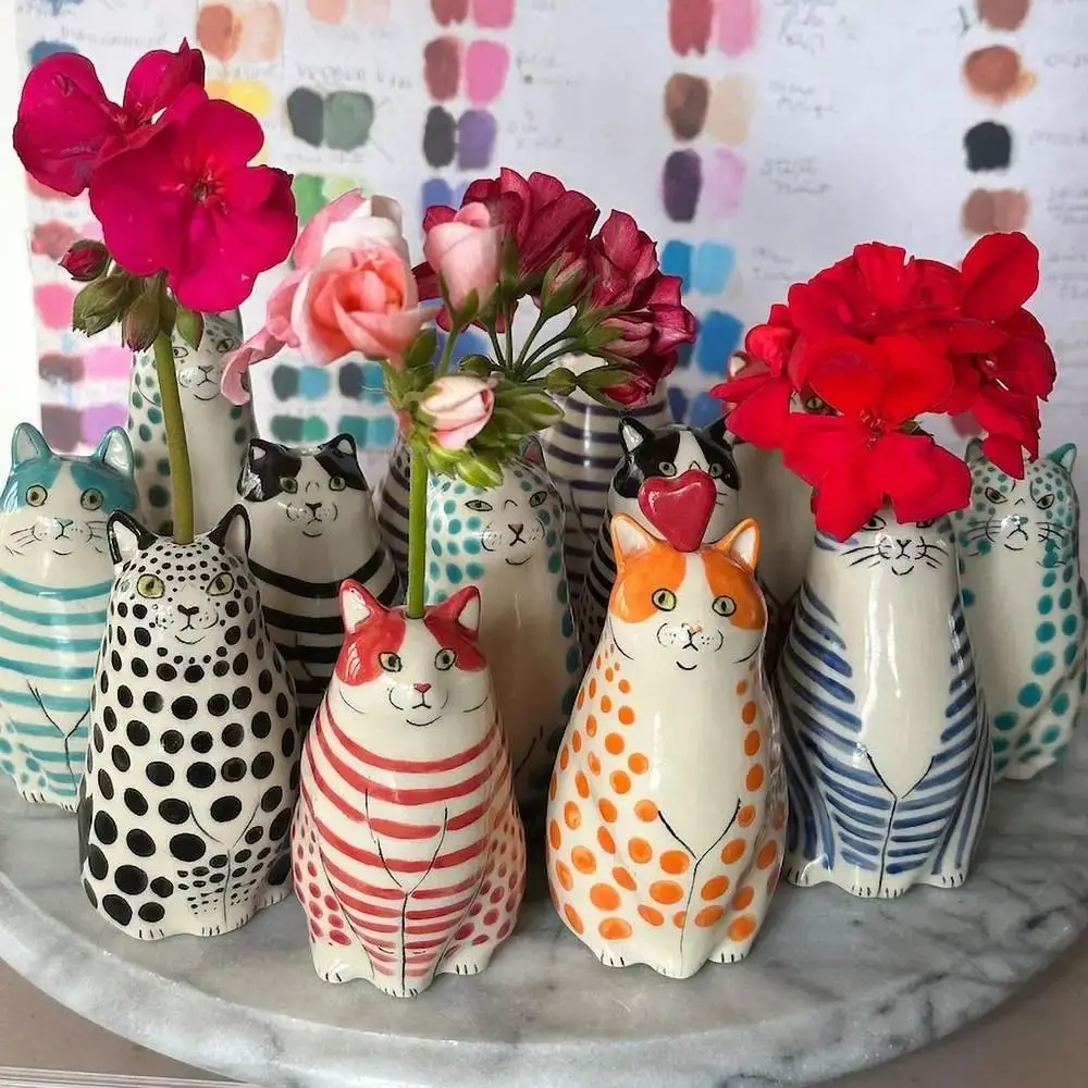 Multicolor Polka Dot Cat Vase Creative Small Caliber Resin Cat Vase Cartoon Cute Decorative Bottles Wedding Decor
