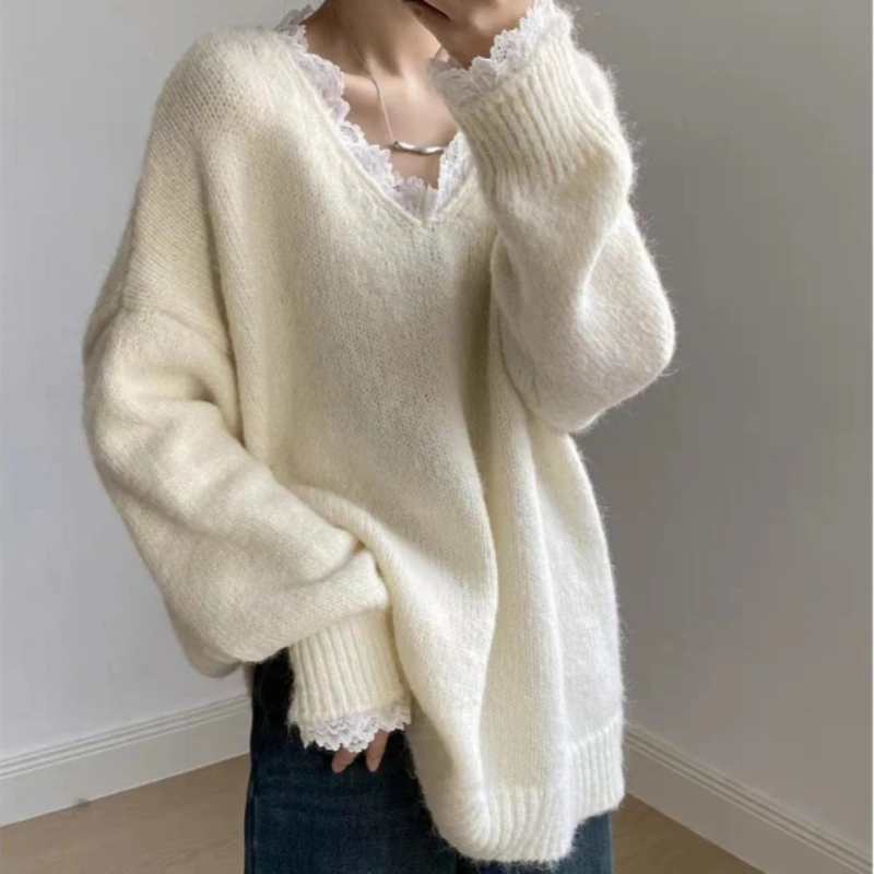 

Women Knitted Pullovers Sweaters Lace Jumpers Spliced Round Neck Long Sleeves Slight Strech Loose Fit Casual 2026 Autumn Winter