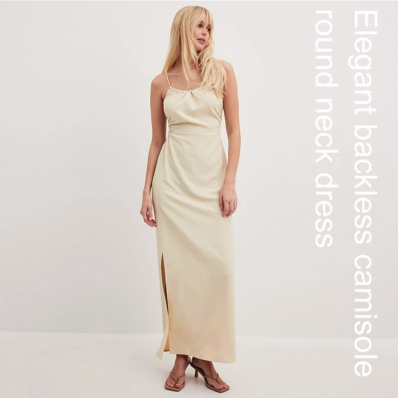 

Summer Women's Cotton Linen Dress Solid Color Sexy Suspender Backless Side Slit Vent Slim Fit Long Skirt Vacation Beach Dresses