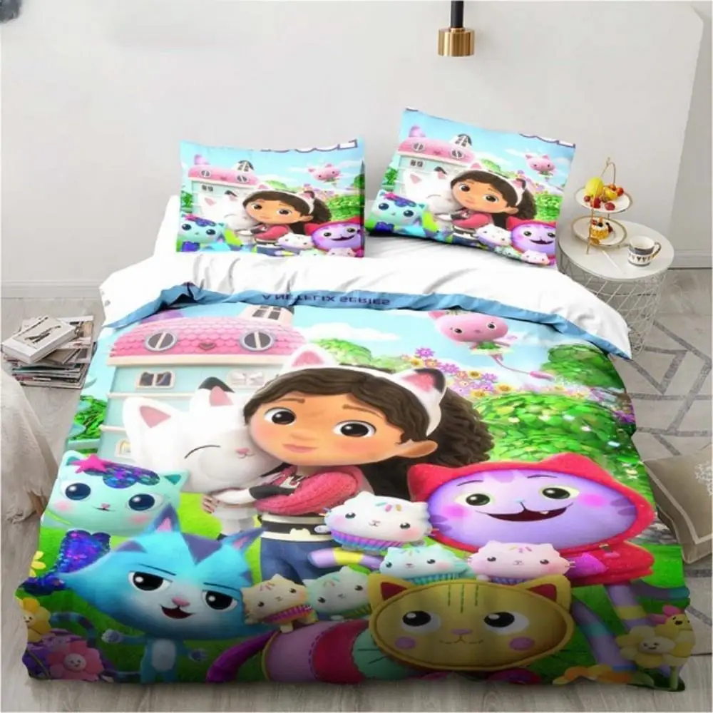 Juego de cama para casa de muñecas de Gabby, fundas de almohada de dibujos animados, funda de edredón para niña, regalo para niños, funda nórdica 3D queen doble, bonita y Kawaii
