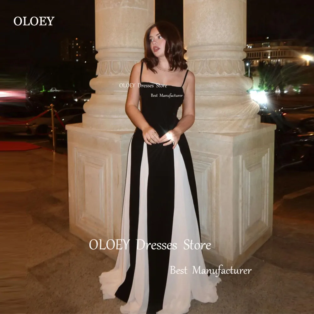 OLOEY Proste czarno-białe suknie wieczorowe Lady Spaghetti Straps Silk Chiffon Floor Length Prom Gowns Robe de soiree