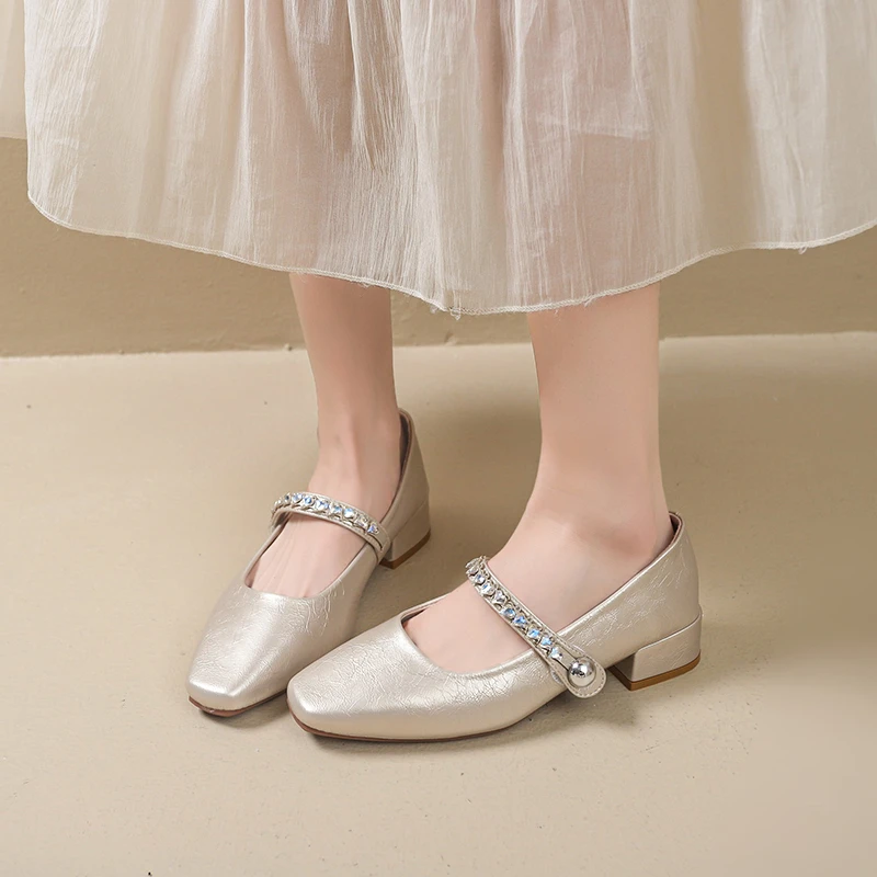 2025 New High Quality  Mary Jane Womens Shoes One Strap Slimming Square Toe Low Heel Pumps Slip on Festival Gift for Couple