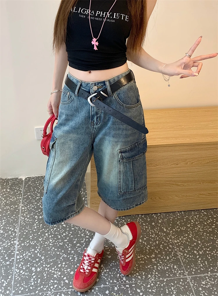 

Slergiri American retro y2k cargo denim shorts women's summer high waist straight wide leg half pants streetwear without belt