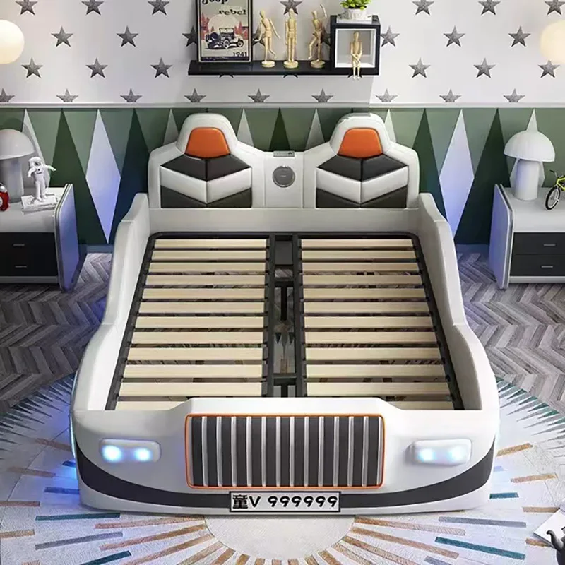 Solid Wood Children's Car Bed for Boys, 1.5m Creative Children's Boys' Bed, Cartoon Cartoon with Guardrail, Single Sports Car Le