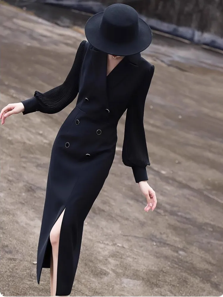 High End Long Sleeved Suit Dress, Women\'S Spring And Autumn Temperament, Commuting Slim Fit Slit Dress