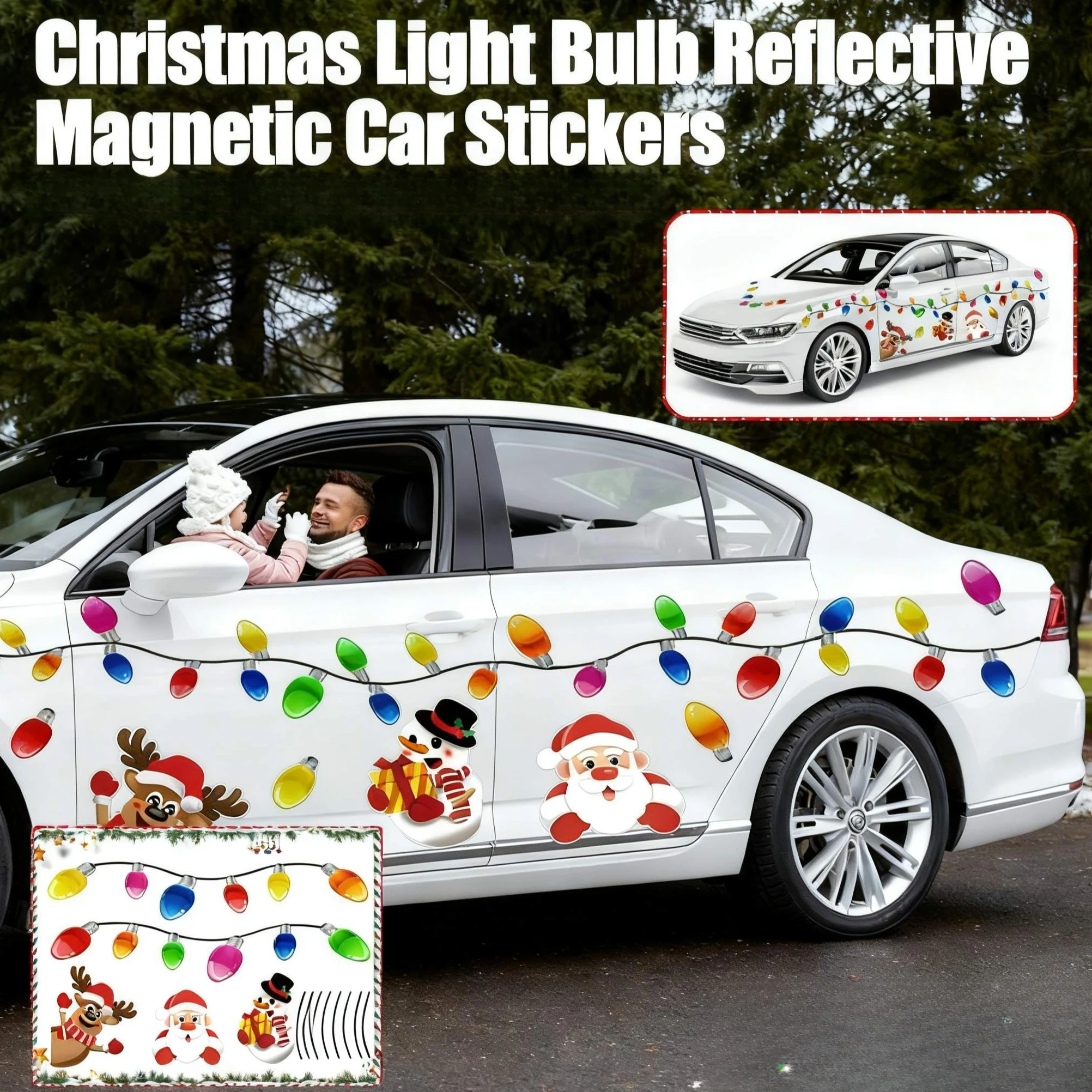

Reflective Magnetic Christmas Light Bulb Car Stickers - Cute Santa/Elk/Snowman Designs for New Year & Christmas Vehicle Decor