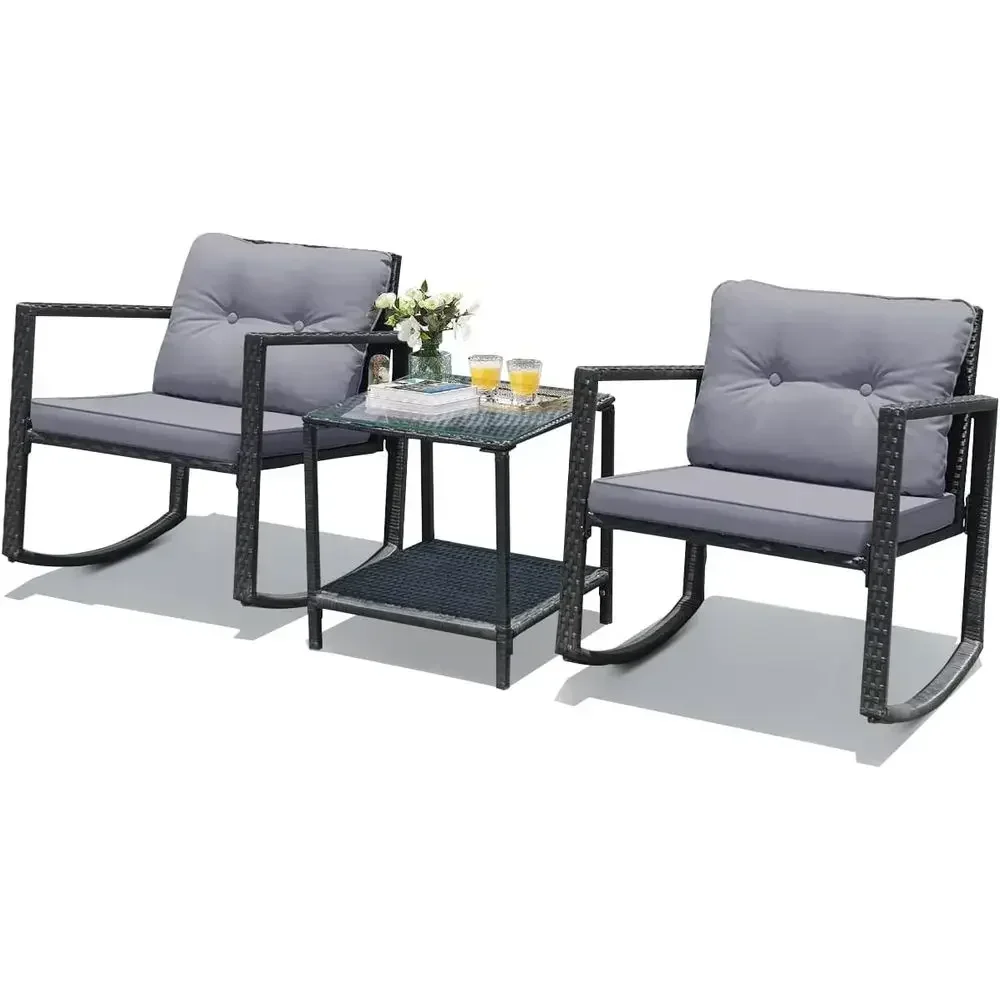 3-Piece Outdoor Patio Rocking Bistro Set with Chairs and Coffee Table, Rattan Wicker Furniture for Garden, Lawn, or Balcony
