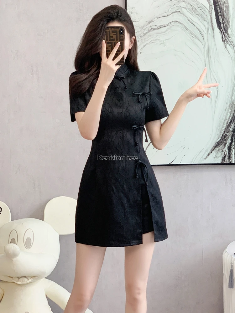 

2025 new chinese improved casual fashion style stand collar short sleeve cheongsam dress 2 piece summer daily short qipao dress