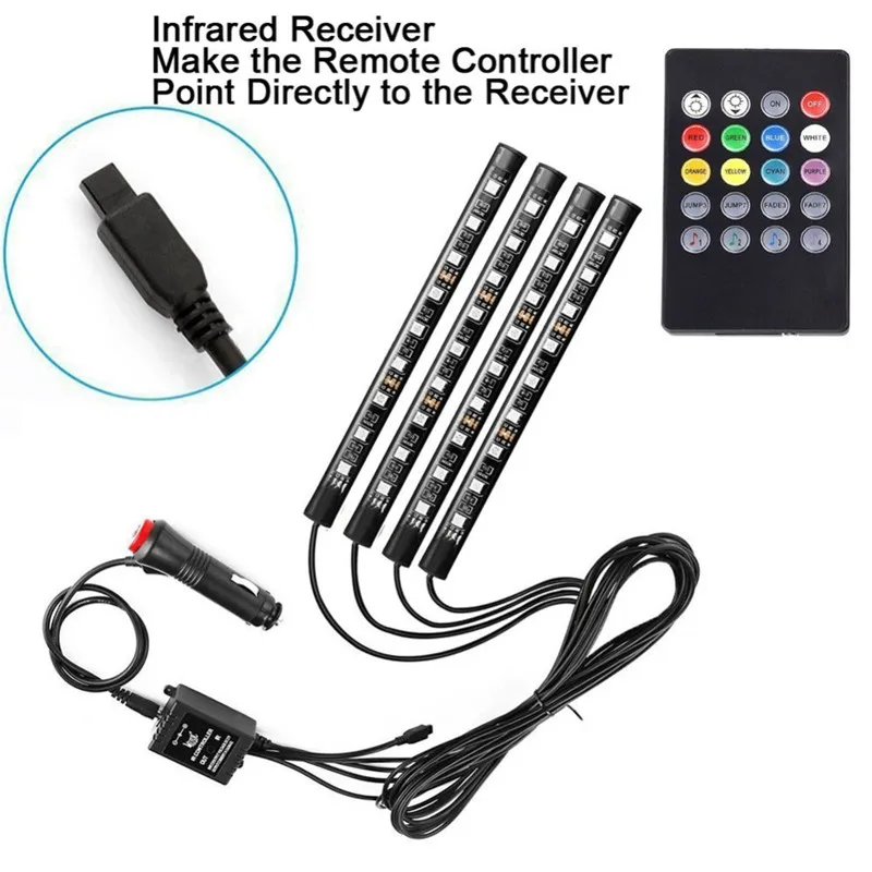 Car RGB LED Strip 4*9/12/18pcs SMD5050 12W Car Interior Decorative Atmosphere Strip Auto RGB Pathway Floor Light Remote Control